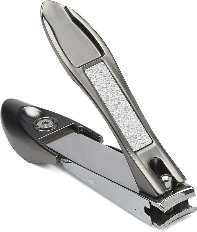 Nail Clippers with Catcher – KLIPP Heavy Duty Stainless Steel Fingernail and Toe Nail Cutter with Curved Surgical Blades and Built-in Nail File – Ergonomic Handle with Wide Jaws for Thick Nails