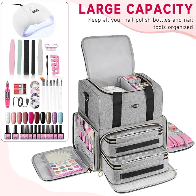 Nail Polish Organizer Holds 80 Bottles and a Lamp,Nail Polish Carrying Case with 2 Removable Bags,Nail Organizers and Storage for Nail Tech,Portable Nail Polish Holder for Nail Supplies,Grey