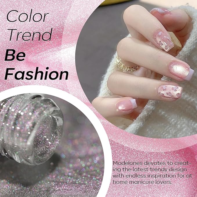 modelones Pink Cat Eye Gel Polish, 15 ML Glitter Holographic Jelly Glass Cat Eye Summer Light Rose Funny Bunny Color Shimmer Reflective Translucent U v Gel Magnetic Nail Polish Top Coat for Women Girl