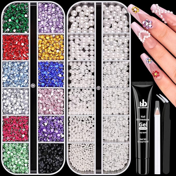 8000Pcs Nail Pearls and Colorful Rhinestones for Nail Art with Rhinestone Glue, White Pearl Nail Charms(Flatback+Round), Nail Gems and Rhinestones Crystals Charms Bedazzling Gems for Manicure Decor