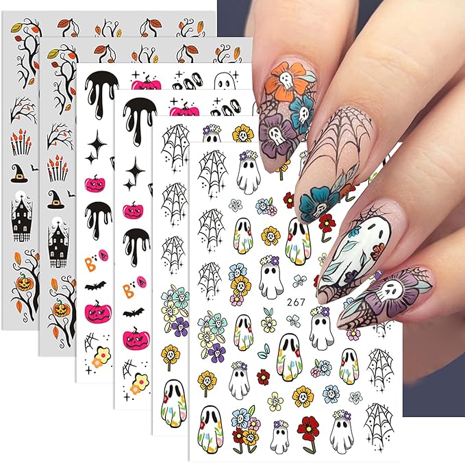6 Sheets Flower Halloween Nail Art Stickers Colorful Ghost Nail Stickers Pumpkin Nail Decals Spider Web Tree Star Orange Design Cute Nail Sticker for Nail Art for Women Decoration Holiday Manicure