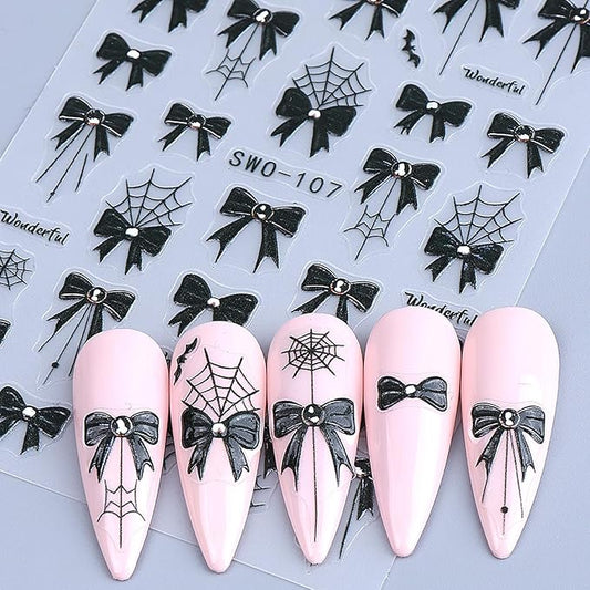 2Sheets Halloween Nail Art Stickers 3D Embossed Black Bow Spider Web Nail Decals with Rhinestones Design Nail Sticker Self Adhesive Bows Blood Drop Textured Nail Decal for Women DIY Nails Decor Supply