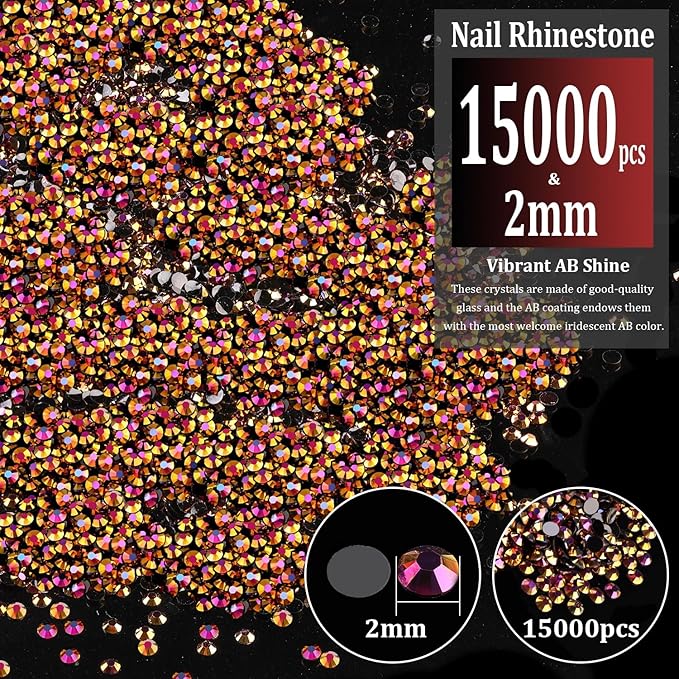 15000pcs 2mm Resin Rhinestones Bulk, Gold Rose AB Flatback Round Jelly Rhinestones Non Hotfix Crystal Gems Large Quantity Wholesale for DIY Crafts Clothes Bottles Face Makeup Manicure