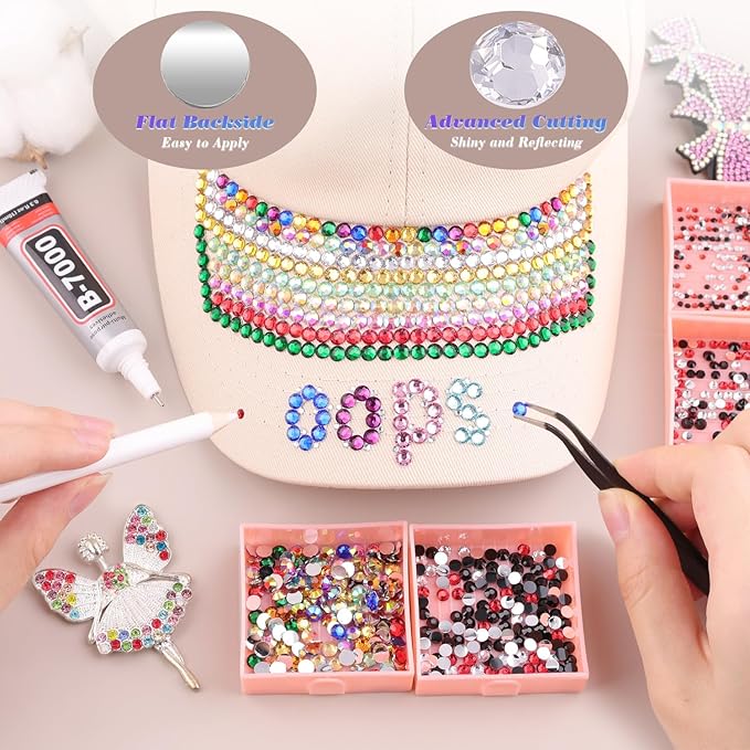 8500 PCS Flatback Rhinestones for Bedazzling with 3PCS B7000 Jewelry Glue (Pack 1), 2 Boxes of Rainbow Resin Gems for Crafting Fabric Clothing Tumblers Shoes Nail Art Makeup