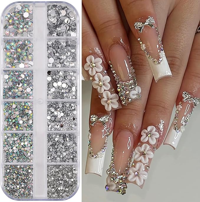 12Grids Shiny Rhinestone Nail Art Charms - 3D Colorful Rhinestones Nail Charms for Acrylic Nails Sliver Diamonds Nail Jewelry with Sliver Flat Back Designs for Women DIY Manicure Crafts Decor Supply