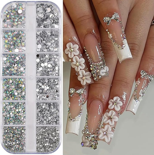12Grids Shiny Rhinestone Nail Art Charms - 3D Colorful Rhinestones Nail Charms for Acrylic Nails Sliver Diamonds Nail Jewelry with Sliver Flat Back Designs for Women DIY Manicure Crafts Decor Supply