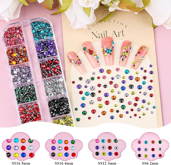 5 Boxes Nail Gems Kit - Flatback Rhinestones and Half Pearls & Nail Beads for Acrylic Nails, Colorful Rhinestones Crystal AB Clear Gemstones Silver/Gold Caviar Beads with Pickup Tools (23-S4-Beads)