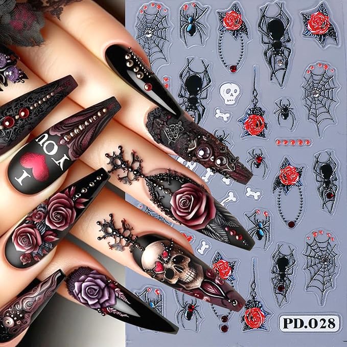 2Sheets Halloween Nail Art Stickers 5D Embossed Pink Skeleton Heart Nail Decals Self-Adhesive Spider Web Spider Stickers with Rhinestone Charms Design Nail Decal Rose Skull Nail Sticker for Women