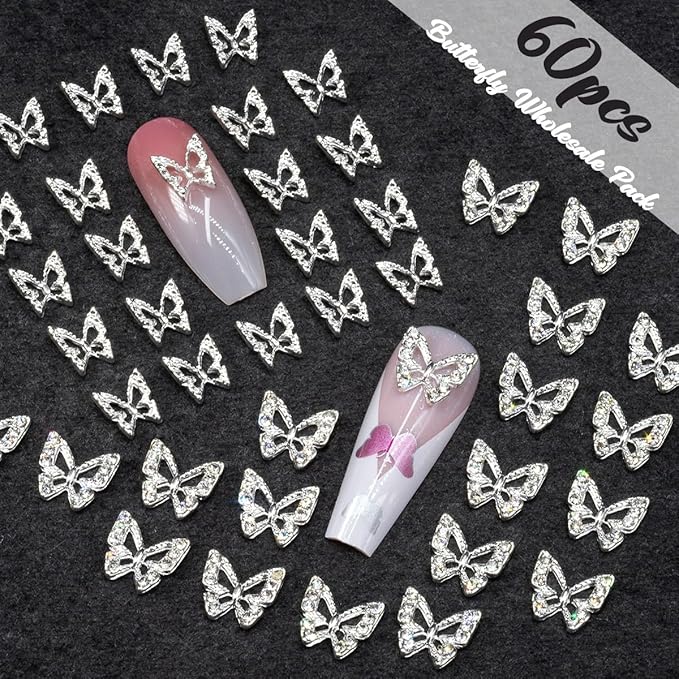 Silver Butterfly Nail Charms, 40pcs 3D Charms for Acrylic Nails, 20 Butterflies Rhinestones Gems +20 Alloy Studs, Art Jewels Diamonds Decor Supplies Nails DIY