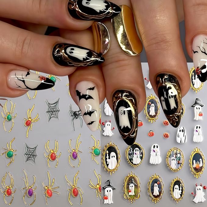 5D Halloween Nail Stickers Spider Ghost Nail Art Stickers Self-Adhesive 5D Engraved Retro Picture Frame Ghost Nail Decals Pegatinas Uñas Jelly Spider Nail Supplies for Women Nails Decorations 2Pcs