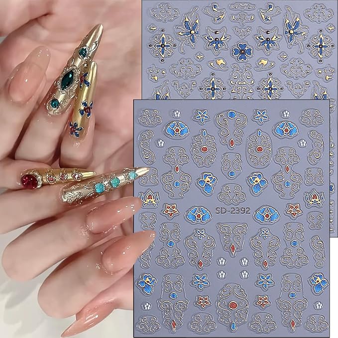 3 Sheets Bohemian Nail Stickers 5D Embossed Vintage Dunhuang Nail Decals Chinese Style Nationality Gems Flower Nail Art Stickers Bronzing Nail Design Supplies for Women DIY Luxury Manicure