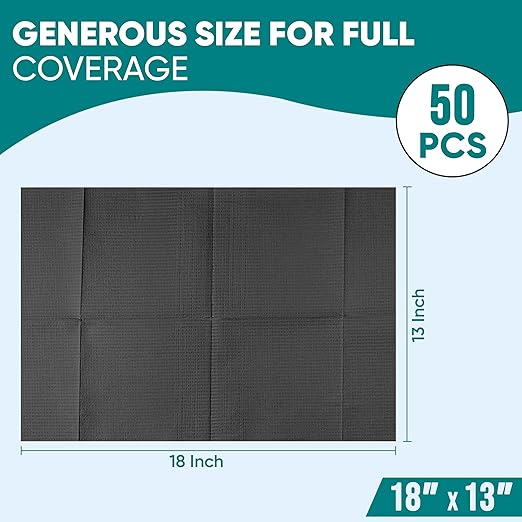 Amira Beauty Disposable Dental Bibs 13" x 18" – 3-Ply, Soft, Tear-Resistant, Waterproof Bibs for Dental, Nail, and Salon Professionals, Tattoo Napkins for Piercing, Black, Bulk Pack of 50