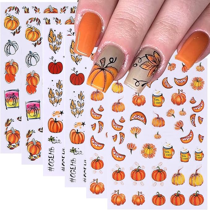 6 Sheets Fall Nail Stickers for Nail Art Pumpkin Maple Leaf Nail Decals 3D Self-Adhesive Thanksgiving Flower Leaves Design Nail Stickers Holiday Nail Art Supplies for Women Autumn Nail Art Decoration