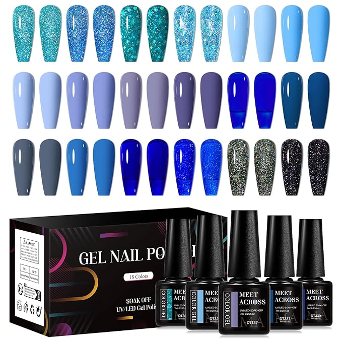 MEET ACROSS 18pcs Gel Nail Polish Set Soak Off UV LED Lamp Gel Nail Polish Kit (SET-11, 18pcs)