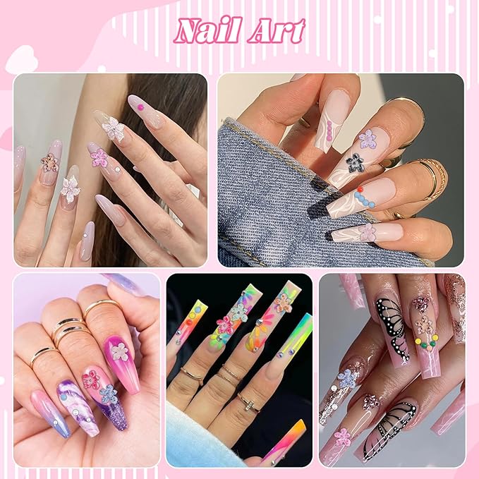300Pcs Flower Nail Charms Kit, 100Pcs 3D Jelly Mini Hawaii Flowers Charms and 100Pcs Nail Pearls with 100Pcs Macaron Beads, Colorful Hibiscus Floral Tiny Gems Round Beads for Nails Design