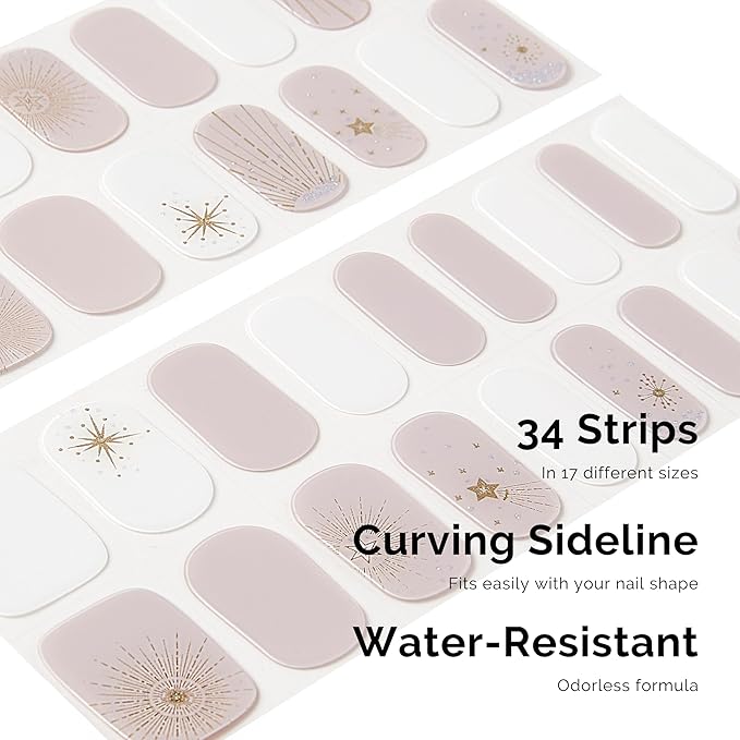 NAILOG Semi Cured Gel Nail Strips 34 pcs| Buy 2 Get 1 UV Lamp | Long Lasting Nail Polish Sticker Wraps with Glossy Gel Finish, Astria