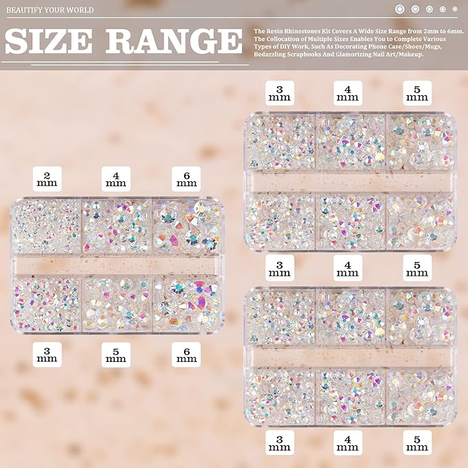 Resin Rhinestones Crafting, 2/3/4/5/6mm Flatback Jelly Rhinestones, 3 Box Transparent AB Non Hotfix Crystal Gems for Bedazzling Crafts Mugs Tumblers Clothes Makeup Nail