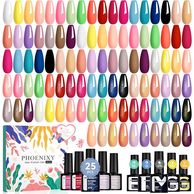 phoenixy 30 PCS Gel Nail Polish 25 Colors Gel Nail Polish Set with Base Coat Glossy Matte and Glitter Top Coat Pink Red Green Starter Gift for Women - PCB9041