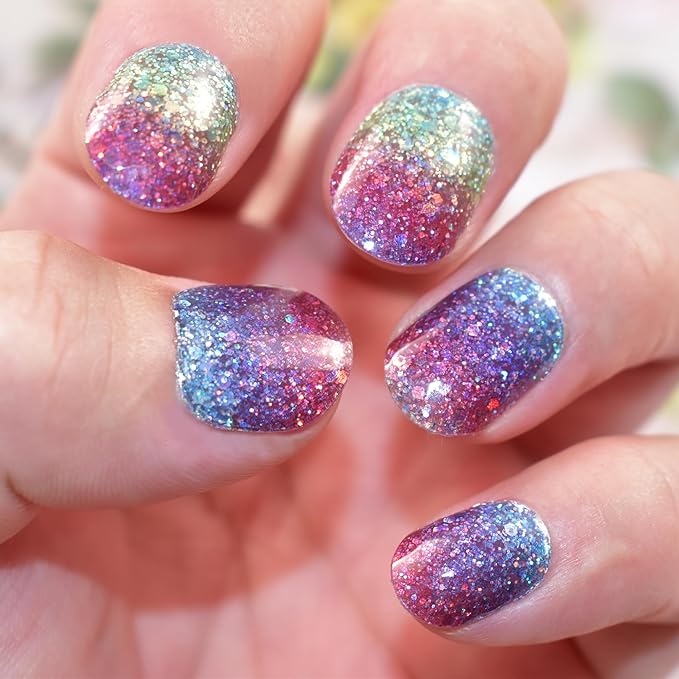 Semi Cured Gel Nail Strips Glitter Gel Nails Sticker 22pcs Rainbow Sequins Nail Wraps for Home Nails DIY