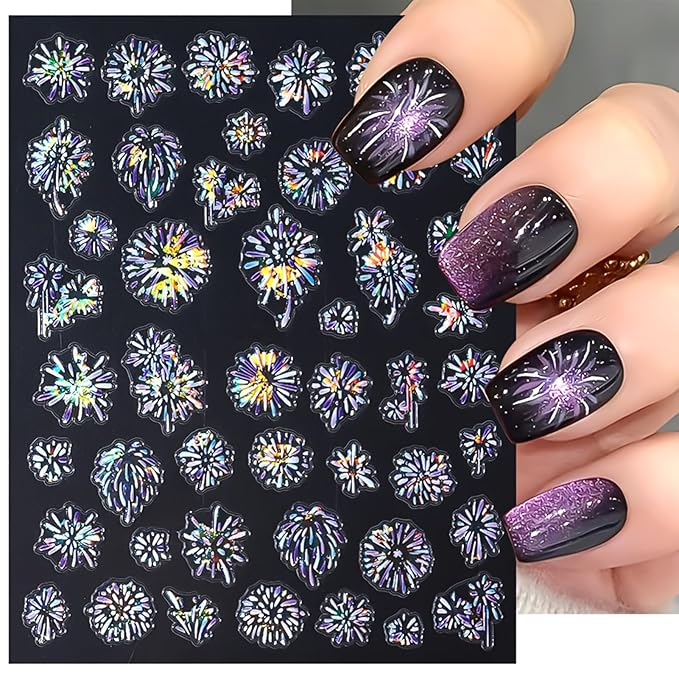 Glitter Firework Nail Art Stickers - Celebrating The New Year, 4th of July Shining Starry Sky Self-Adhesive Nail Decals for DIY Patriotic Independence Day Memorial Day Manicure (3 Sheets)