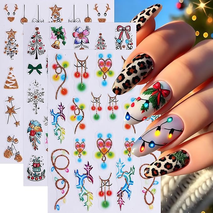 6 Pcs Christmas Nail Art Stickers 3D Self-Adhesive Colorful Light String Design Nail Decals Gold Glitter Christmas Tree Snowball Elk Holly Leaf Nail Supplies DIY Christmas Nail Decoration for Women