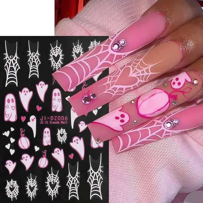 Halloween Nail Art Stickers Ghost Nail Decals Shiny Crystal Diamonds Rhinestones Spider Web Spooky Spider Nail Art Design Stickers Cute Fall Holiday Manicure Decoration for Salon Acrylic Nails