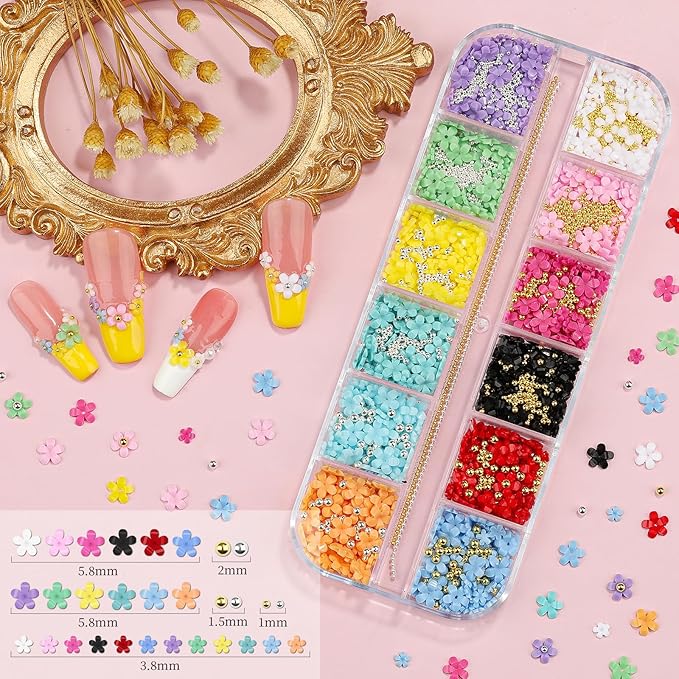 3 Boxes 3D Flower Nail Charms and Gems - Colorful Nail Flower & Metal Butterfly Charms Clear Rhinestones Gemstones Silver/Gold Caviar Beads White Pearls with Nail Chain for DIY Nails (14-S3-Mixed3)