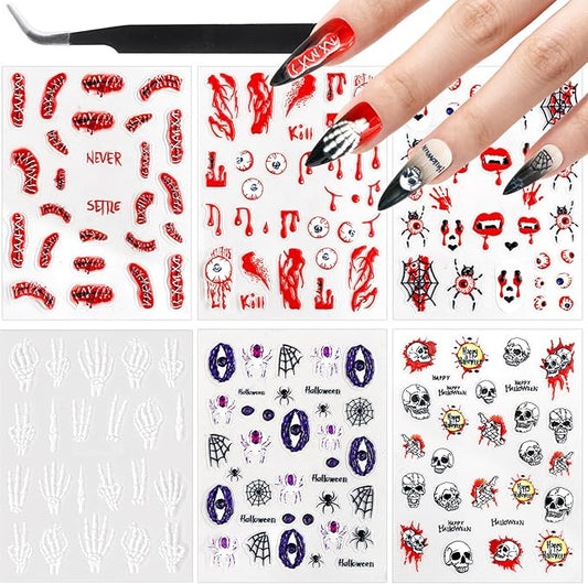 Allstarry Halloween Nails Stickers, 6 Sheets Halloween Nail Decals 5D Embossed Bone Skeleton Skull Spider Ghostface Ghost Nail Stickers Spooky Horror Nails Decals for Women Gifts Nail Art