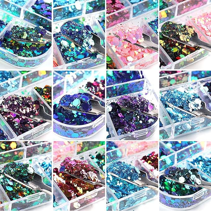 12 Colors Chameleon Nail Art Sequins 3D Nail Glitter Flakes Laser Gradient Nail Art Design Holographic Nail Glitters Powder for Women Girls Manicure Tips Charms Decoration DIY Nails Supplies