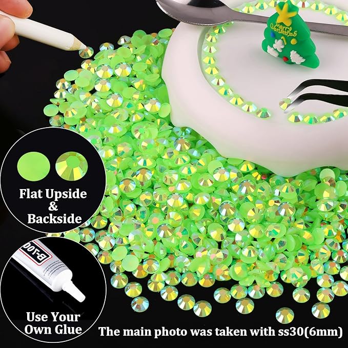 2000pcs 6mm Resin Rhinestones Bulk, Fluorescent Green AB Flatback Round Jelly Rhinestones Non Hotfix Crystal Gems Large Quantity Wholesale for DIY Crafts Clothes Face Makeup Manicure