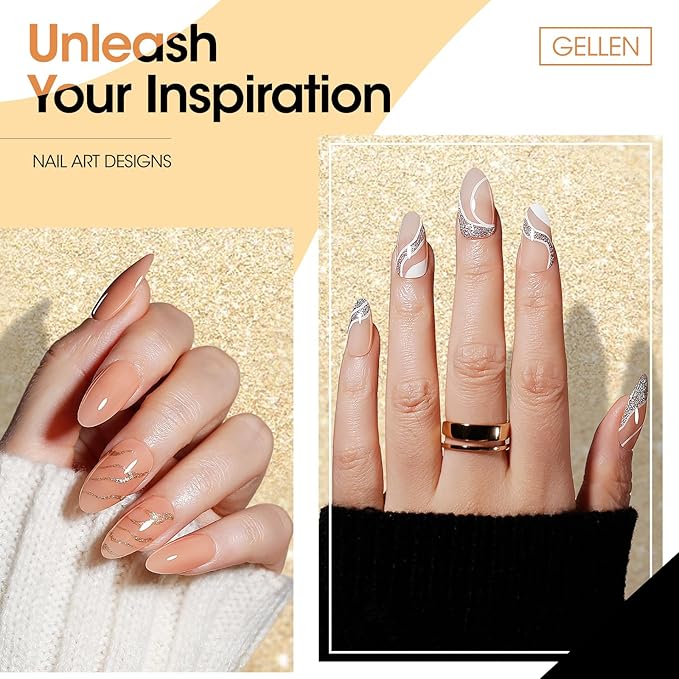 GELLEN Gold Silver Liner Gel Nail Polish, 2Pcs 10ml Soak off Uv Lamp Glitter Nail Art Polish Set with Built Thin Brush, Gel Art Paint for Sparkly Shiny Swirl Nails, Christmas Diy Gift for Women Girls