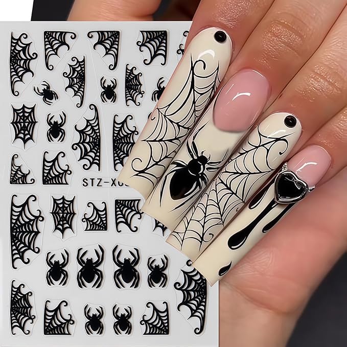 8 Sheets Spider Nail Art Stickers Halloween Nail Decals Black White Spider Web Spiders Design 3D Self-Adhesive Nail Sticker Fall Holiday Acrylic Manicure DIY Nails Decoration Supplies for Women