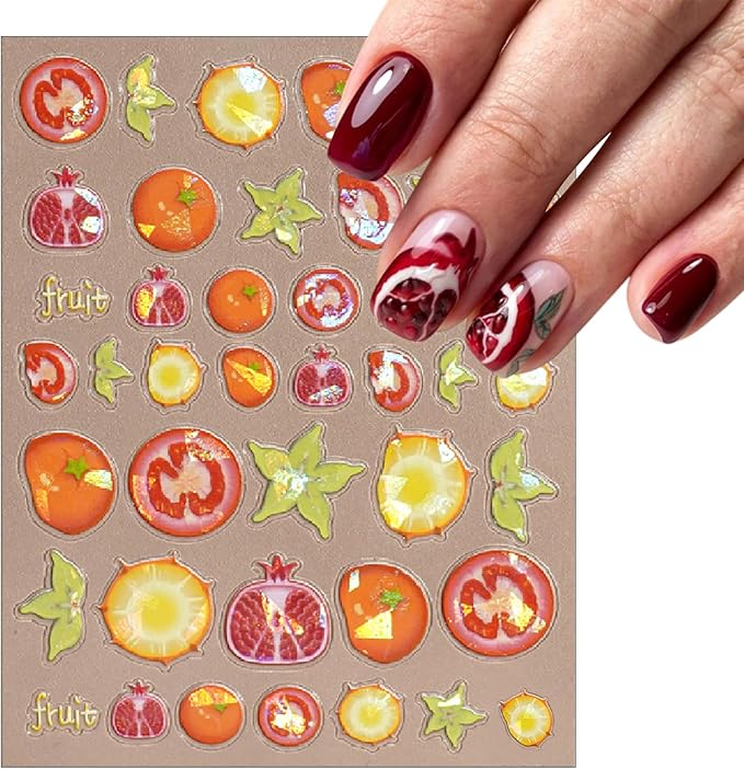 3 Sheets Summer Fruit Nail Art Stickers 5D Self-Adhesive Shell Light Embossed Lemon Orange Strawberry Nail Decals Cute Carambola Avocado Cherry Nail Supplies Women DIY Nail Art Decoration