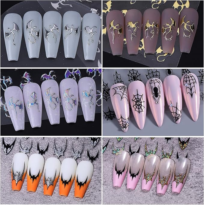 Halloween Nail Stickers Dragon Decals 12 Sheets Spooky Bat Ghost Stickers for Nails Art Metallic Glitter Spider Web Pumkin Blood Key Nail Designs Fall Holiday Supplies Manicure Decoration for Women