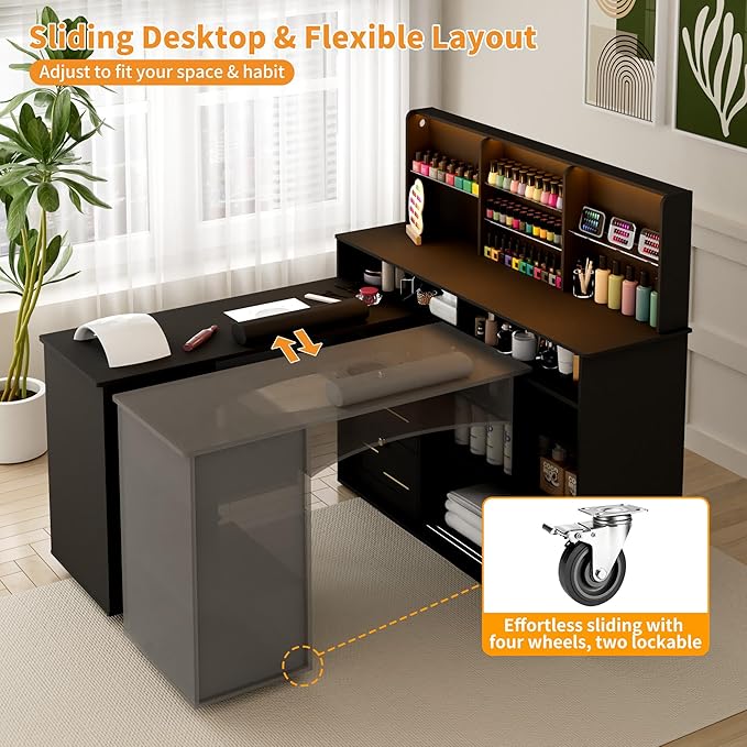 Manicure Table with Dust Collector, L-Shaped Nail Desk with Mobile Desktop, LED Light, Glass Display Rack, Storage Cabinets and Drawers for Home Spa Beauty Salon Nail Station, Black