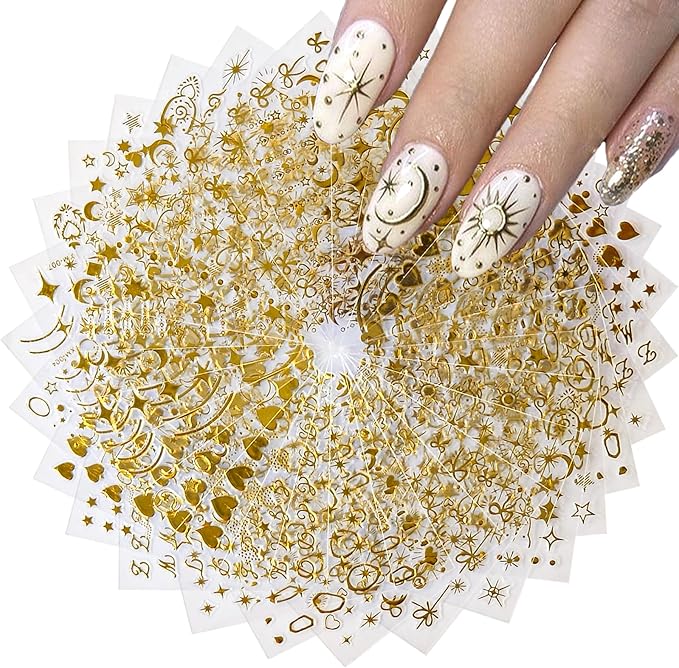 30 Sheets Star Nail Sticker Gold Star Moon Nail Art Stickers Heart Knot Bow Design 3D Self-Adhesive Nail Decals for Women Girls DIY Nail Art Decoration Accessories