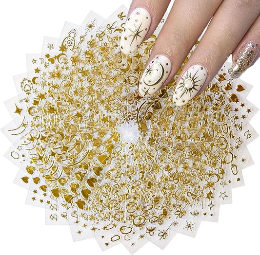 30 Sheets Star Nail Sticker Gold Star Moon Nail Art Stickers Heart Knot Bow Design 3D Self-Adhesive Nail Decals for Women Girls DIY Nail Art Decoration Accessories