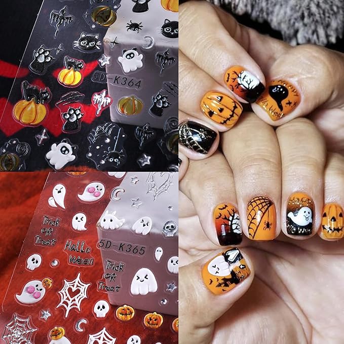 2Sheet Halloween Nail Art Stickers 5D Relief Cartoon Ghost Cat Dark Self-Adhesive Sticker Nail Decals Cute Ghost Pumpkin Pattern Nail Art Slider DIY for Women Girl Cute Halloween Nail Decoration