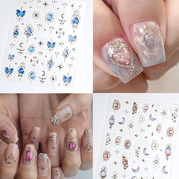 3Sheets Butterfly Nail Art Stickers Retro Heart Style Nail Decals Red Blue Butterfly Nail Stickers Embossed Self-Adhesive Star Moon Bow Patterns Design Nail Supplies for Women DIY Nail Decorations