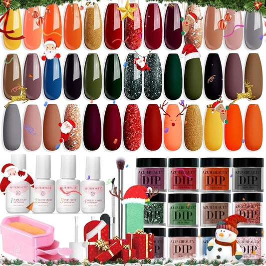 AZUREBEAUTY Dip Powder Nail Kit Starter Fall Autumn Orange Green Glitter Red 20 Colors Acrylic Dipping Powder Liquid Set with Base/Top Coat for French Nails Art Manicure Beginner DIY Salon Home