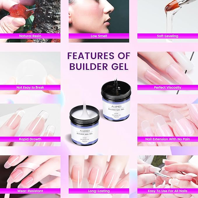 AIJIMEI 5oz Hard Nail Gel Builder Kit, Nail Builder Gel for Nails Art Clear White Colors NailExtensionGel HardGel for Beginner (Clear & White)