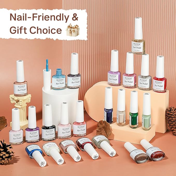 MIZHSE Quick Dry Nail Polish Set, 24 Colors Fall Winter Regular Nail Polish Non Gel, Air Dry Fast Trendy Glitter Bulk Gray Brown Nail Lacquer Oil-based Fingernail Toe Home DIY Gift for Women
