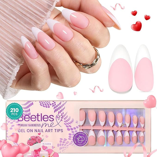 Beetles French Tips Press On Nails-210 Pcs Pink French Tip Nails Medium Almond Fake Nail Tips, Soft Gel Nails False Nails Art DIY Gift For Women