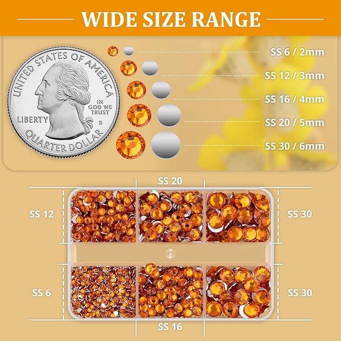 Resin Rhinestones for Crafting, 1 Box Orange Multi Sizes Flatback Bedazzling Crystals for Crafts Nail Art Decoration, Non Hotfix Gems Charms for Tumbler Shoes Clothing Fabric Face Makeup