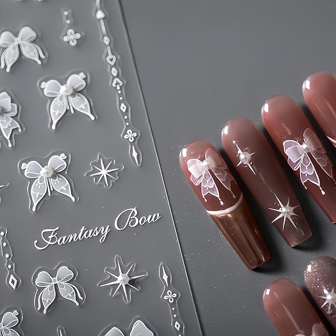 1 Sheet Lace Pearl Bow Nail Art Sticker 5D Embossed White Lace Pearl Bow Nail Sticker Cute Bow Nail Decal Pearl Rhinestone Nail Design Women DIY Nail Art Decoration