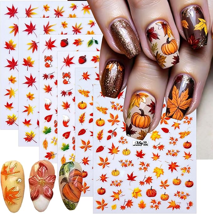 6 Sheets Fall Nail Stickers 5D Embossed Autumn Maple Leaf Nail Art Decals Thanksgiving Pumpkins, Fox, Squirrel, Ginkgo Leaf Design Self-Adhesive Fall Stickers for Nails DIY Manicure Supplies