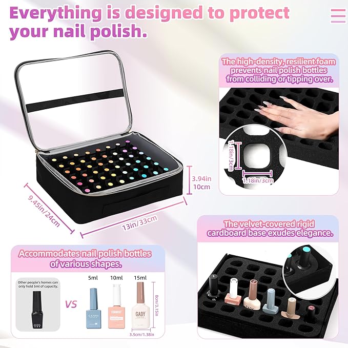 Nail Polish Organizer Case for 96 Bottles – Waterproof Travel Bag with Hard Bottom – Double Layer Nail Storage Bag with Adjustable Dividers & Nail Lamp Compartment – for Home or Salon Use