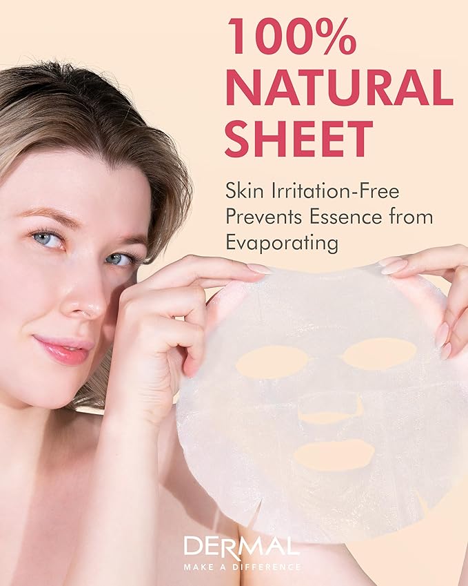 DERMAL Acerola Collagen Essence Facial Mask Sheet 23g Pack of 10 - Skin Clearing, Reduces Blemishes, Elasticity Care, Daily Skin Treatment Solution Sheet Mask