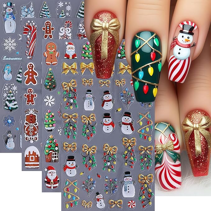 4 Sheets Christmas Nail Art Stickers Decals 5D Micro Embossed Nail Stickers for Nail Art Snowman Snowflakes Christmas Tree Cute Santa Claus Nail Decor Supplies Holiday Manicure Accessories for Women