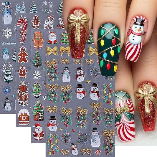 4 Sheets Christmas Nail Art Stickers Decals 5D Micro Embossed Nail Stickers for Nail Art Snowman Snowflakes Christmas Tree Cute Santa Claus Nail Decor Supplies Holiday Manicure Accessories for Women